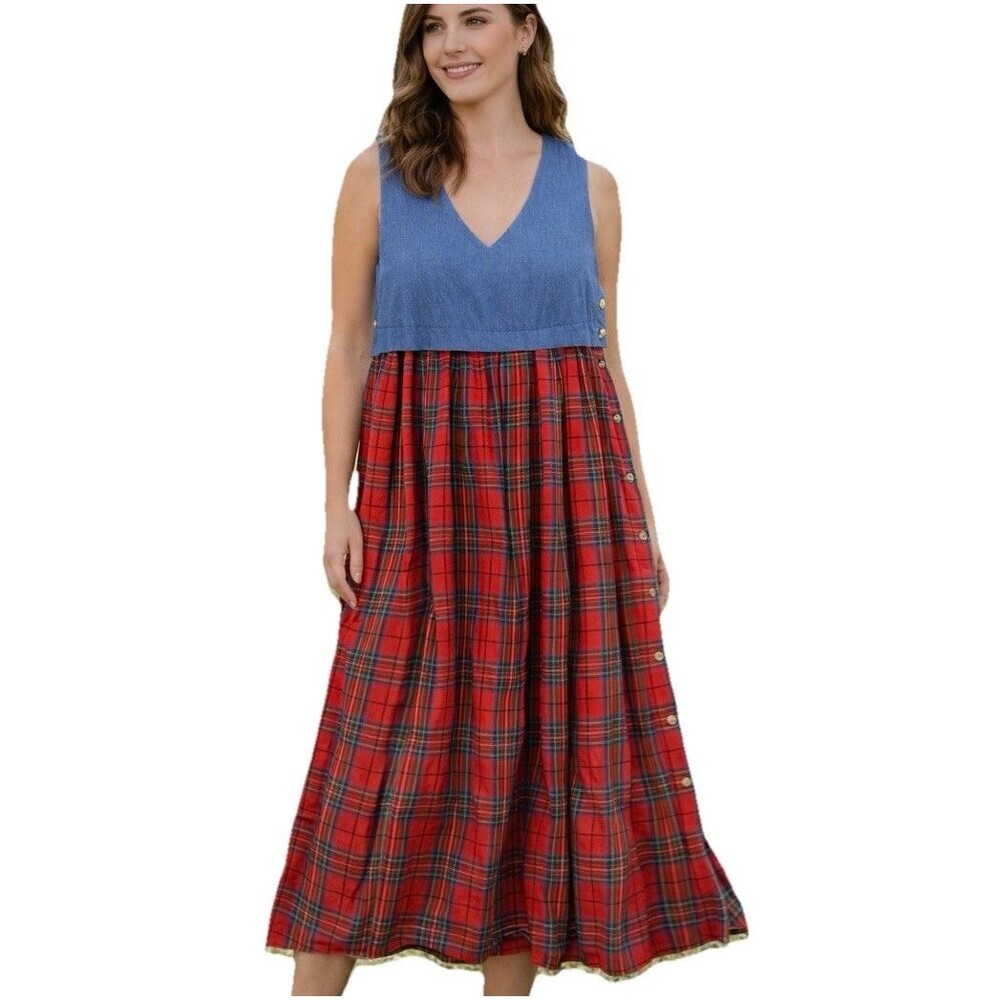 Vintage Plaid Denim Pinafore Dress Button Side Cottagecore L Natural Expressions